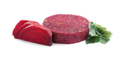 Uncooked beetroot cutlet and fresh parsley isolated on white. Vegetarian product