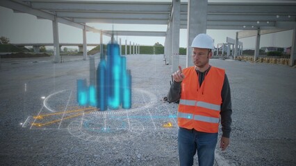 Construction engineer using HUD hologram for building smart city. 3D render
