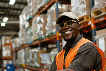 Fototapeta premium Happy African American Worker in Warehouse: Facilitating Global Export Business Operations