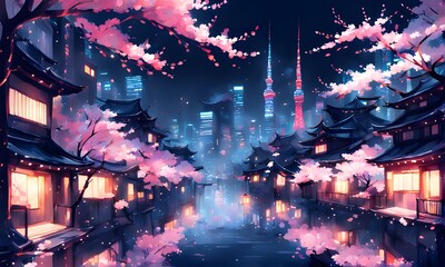 Obraz premium Anime night. Fantastic panoramic views of Tokyo, neon lights and cherry blossoms. Miracles and Magic. Generative AI