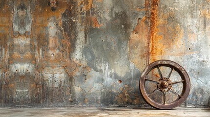 Obraz premium Industrial Patina: An Antique Flywheel Contrasts with a Modern Backdrop