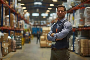 Fototapeta premium Confident Male Supervisor Leading Team in Busy Warehouse