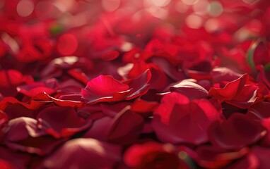 A pile of vibrant red rose petals scattered around a full bloom.