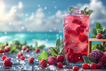 Fresh summer drinks cocktails with berries, fruits, ice and frost on glasses. Vacation open beach...