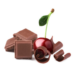 Fresh cherry, pieces and curls of chocolate isolated on white