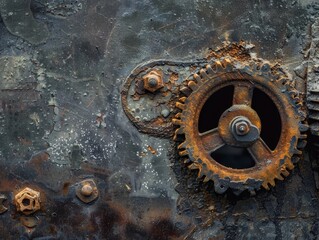 Time's Impact: A Weathered Gear Mechanism Contrasts with a Modern Background