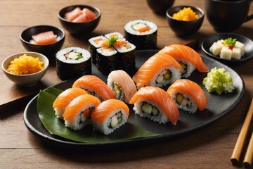 Stylish sushi set on table on brown background at home with sun light