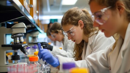  Two Female Scientists Conducting Experiments in a Modern Laboratory:Focused on Scientific Research and Development, Wearing Lab Coats,Protective Eyewear and Gloves Using Advanced Laboratory Equipment
