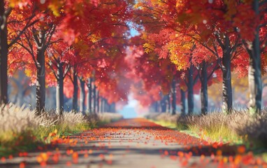 A vibrant autumn pathway lined with fiery red and orange trees.