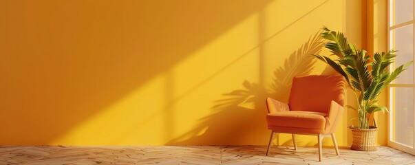 Photo of a mid-century modern orange armchair with a potted palm tree in a bright yellow room. The room is bathed in warm sunlight.