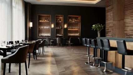 Modern Upscale Hotel Bar with Black and Wood Interior Design
