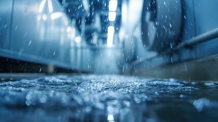 Raindrops falling on a wet floor in a factory. Blurred background