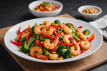 Fototapeta premium Stir fried crispy shrimp with cashew nuts and sweet pepper in white plate.Thai food not spicy.