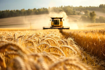 Fototapeta premium Golden Fields: Bountiful Wheat Harvest with Combine Harvester in Background