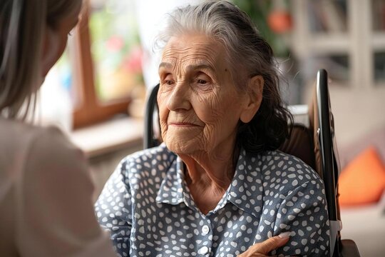 Senior woman receiving compassionate care and support at elderly home setting