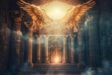 Angelic Presence at Ancient Tomb Entrance: AI-Generated Stock Photo