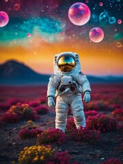 Astronaut in vibrant bubble cosmos on alien planet, stunning pop art painting.