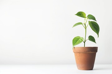 Young green plant in a classic terracotta pot on a white background. A potted plant on white background 