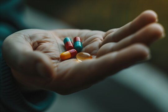 A patient holding a medicine capsule on his arm,cancer patient,copy space : Generative AI