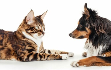 Bengal cat and Border Collie pose together against a white background.