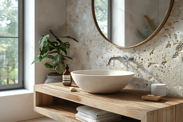 Fototapeta premium Modern Serenity: Chic Bathroom with Natural Elements and Greenery