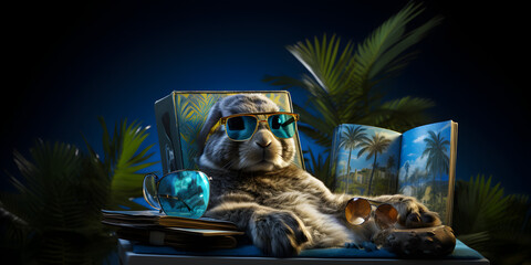 Cute bunny in sunglasses lying on chaise longue on the beach close up. Travel and vacation concept. funny rabbit relaxing on sunbed