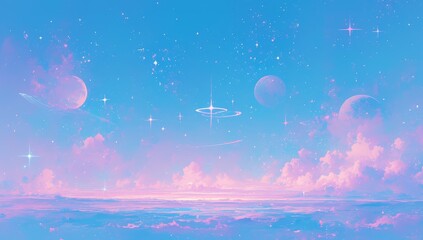 Cute cartoon watercolor background with planets and stars, pink purple sky