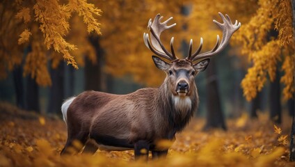 Awe-inspiring portrait, regal reindeer amidst golden autumn leaves, exuding confidence.