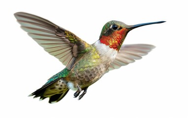 Brightly colored hummingbird in flight, isolated on white background.