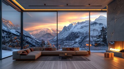 Glass Walled Living Room with Breathtaking View of the Mountains in Winter