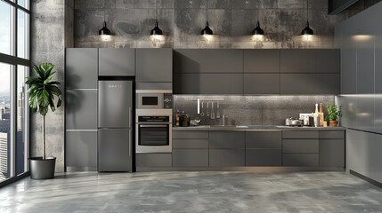 Beautiful Grey Modern Kitchen in a Luxury Apartment with Stainless Steel Appliances