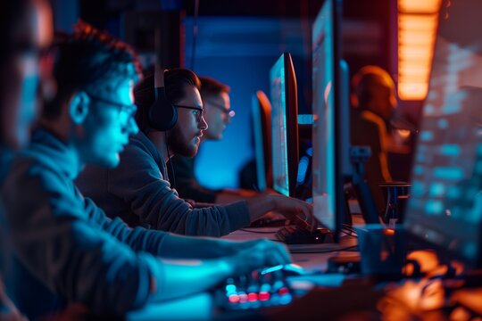 Focused gamers immersed in a competitive gaming environment, illuminated by vibrant LED lights, showcasing the intensity and teamwork of professional esports tournaments