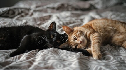 Felines engaging in play on the bed