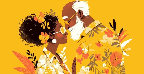 An elderly black couple in love, the woman has an afro and wears glasses with flowers on them. 