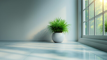green plant pot on shelf, copy space. decorative flora in house. Minimalistic background.
