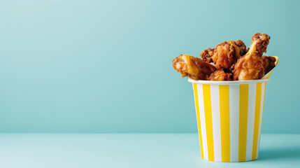 bucket of crispy fried chicken wings in a striped container on a light blue background, with copy space for text