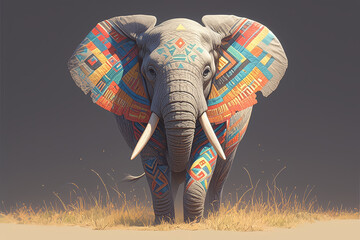An elephant with colorful patterns on its skin - obrazy, fototapety, plakaty