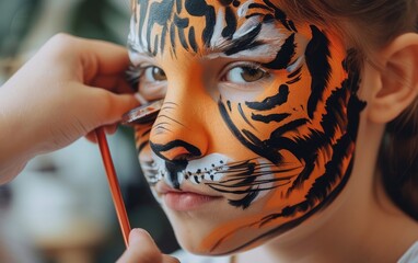 Child with tiger face paint being applied by adult.