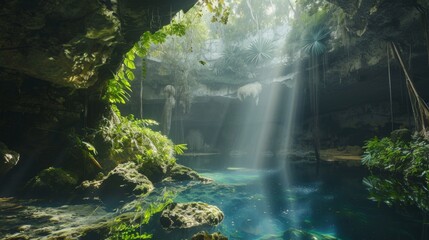 Cenote with clear blue water. Mexico, Mexican cave. Summer adventure and nature concept. Beautiful landscape. Natural underground pool