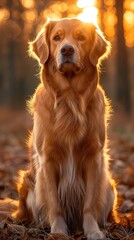 Obraz premium pet portrait happy golden retriever dog in autumn forest, vertical 9:16 ratio background, beautiful nature , Generative Ai