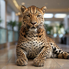 Naklejka premium Leopard portrait inside the hotel interior.