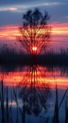 Naklejka premium twilight sunset with leafless tree reflection on water surface ,vertical 9:16 ratio background, beautiful nature , Generative Ai