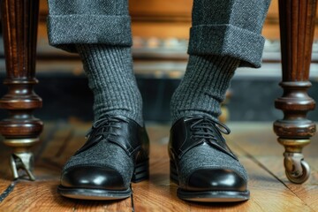 A man is wearing a pair of black shoes with gray socks. The shoes are made of leather and have a black and gray design. The man is sitting on a wooden chair, and the chair is placed on a wooden floor