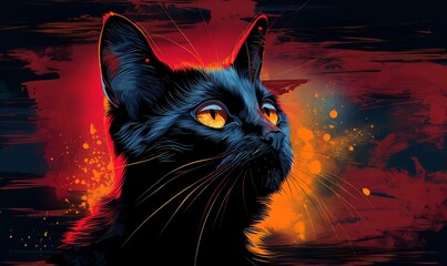 Illustration of a black cat on a colored background.