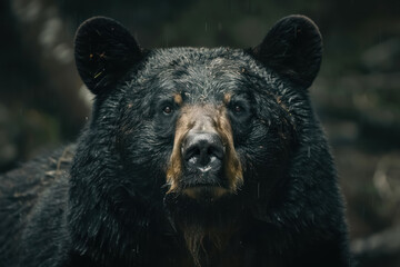 portrait of a black bear in the rain with intense gaze