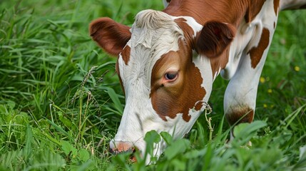 Contentment in the Pasture: A Close-Up of a Grazing Cow in Lush Greenery (Natural Milk Production)