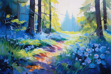 Landscape art painting. Scenic nature view with blue flowers and forest trees.