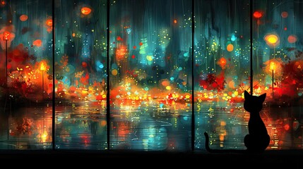 A digital painting of a rainy cityscape at night seen through a window. A cat silhouette on the windowsill gazes at city lights and colorful reflections on wet pavement below. Panoramic Composition