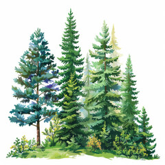 A colorful illustration of a dense evergreen forest with various types of conifer trees.