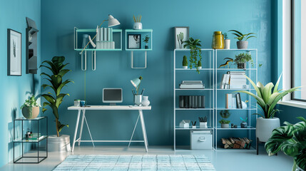 Cyan living room interior with desk and rack